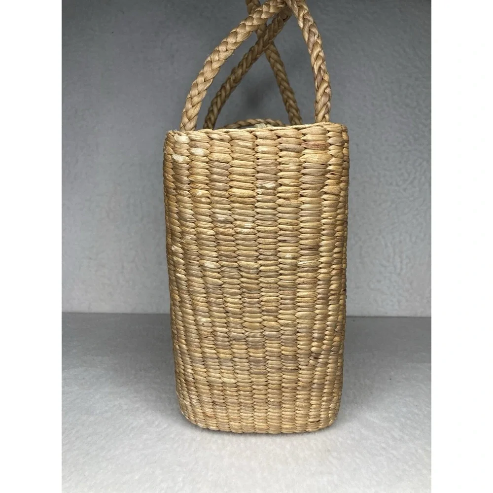 Vintage Handwoven Straw Wicker Purse Market Tote Bag Wooden Rattan Boho Beach